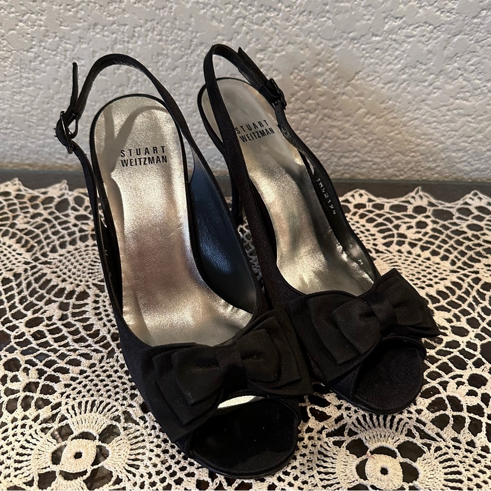 Stuart Weitzman Black Bow Open Toe Slingback Pumps - image 3